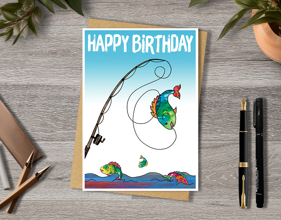 Birthday card with fishing rod illustration with personalised text.
