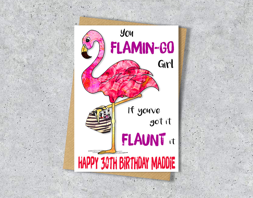 30th Birthday card with flamingo illustration and personalised text