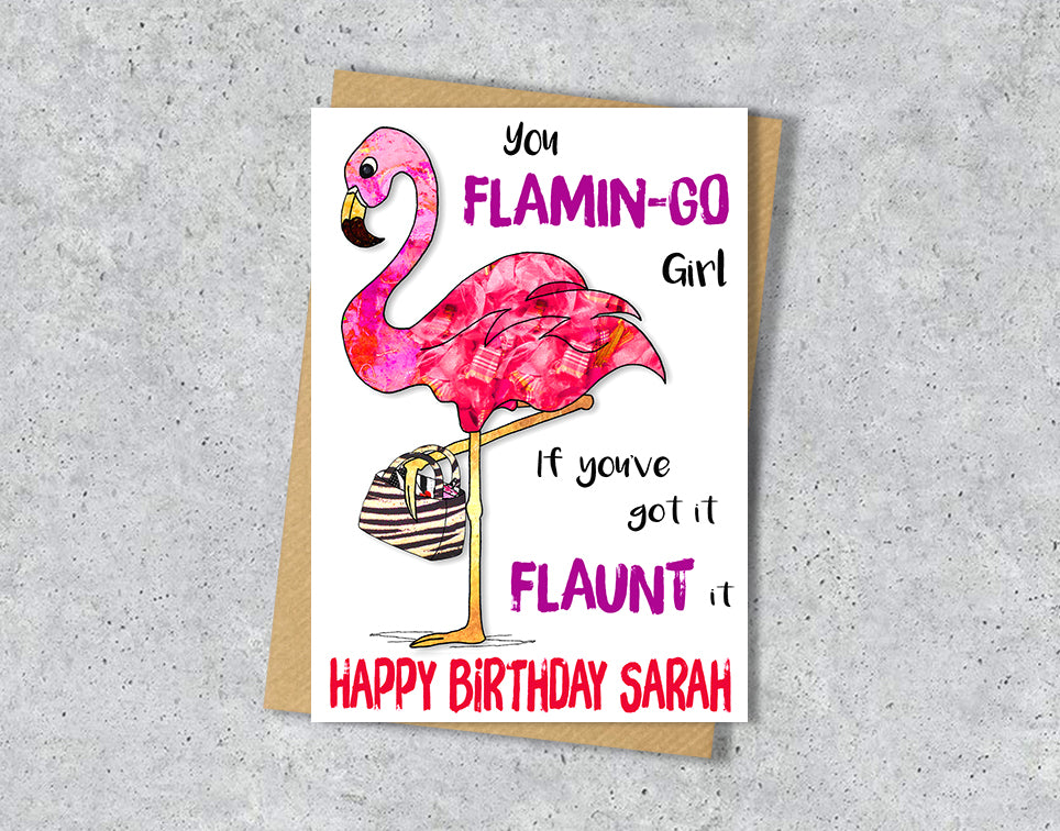 Birthday card with flamingo illustration and personalised text