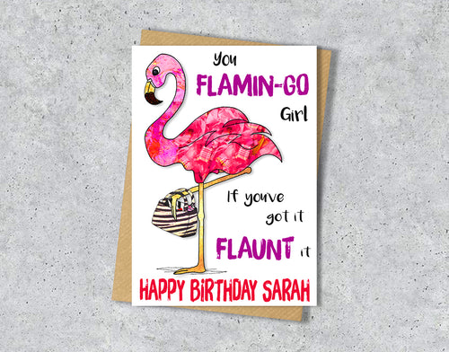 Birthday card with flamingo illustration and personalised text