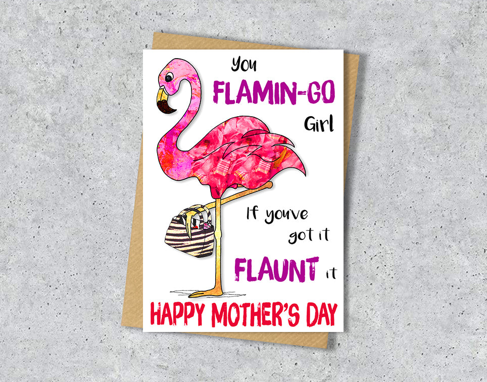 Mother's Day card with a flamingo illustration and humorous text 