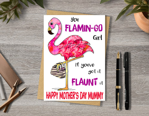 Mother's Day card with flamingo illustration with personalised text.
