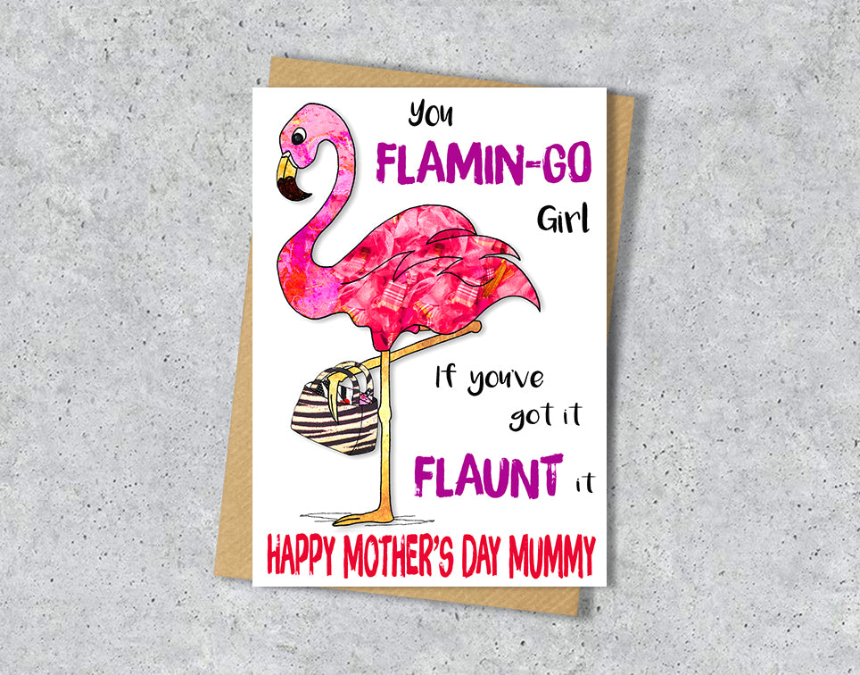 Mother's day card with flamingo illustration and personalised text