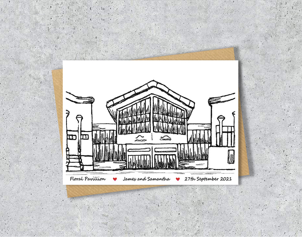 Wedding / Anniversary card with a black and white textile illustration of Floral Pavilion Wirral with personalised text.