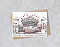 Wedding / Anniversary card with a black and white textile illustration of Floral Pavilion Wirral and red hearts with personalised text.