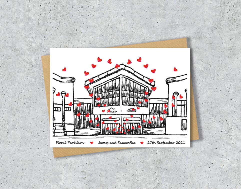 Wedding / Anniversary card with a black and white textile illustration of Floral Pavilion Wirral and red hearts with personalised text.