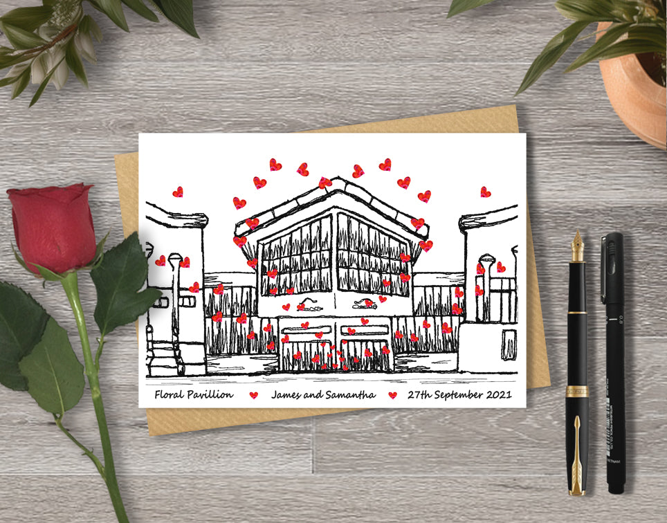 Wedding / Anniversary card with a black and white textile illustration of Floral Pavilion Wirral and red hearts with personalised text.