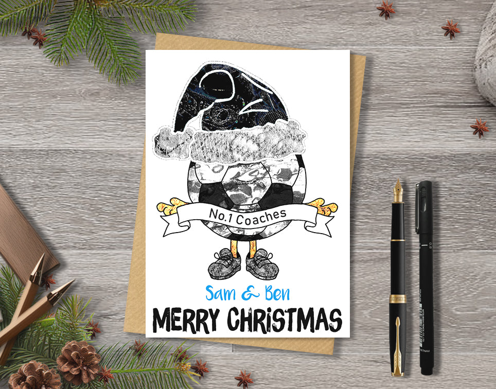 Black and White Football Christmas A5 Card, Team Colours, Personalised Xmas Gift Card