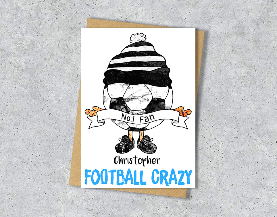 Greeting card with a cartoon character  wearing a black and white striped hat, text "No.1 Fan Christopher' and 'FOOTBALL CRAZY' 