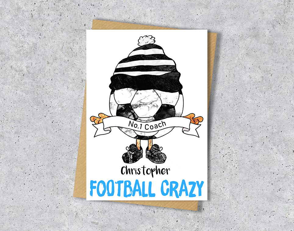 Greeting card with a cartoon character wearing a black and white striped hat, text 'No.1 Coach Christopher' and 'FOOTBALL CRAZY' 