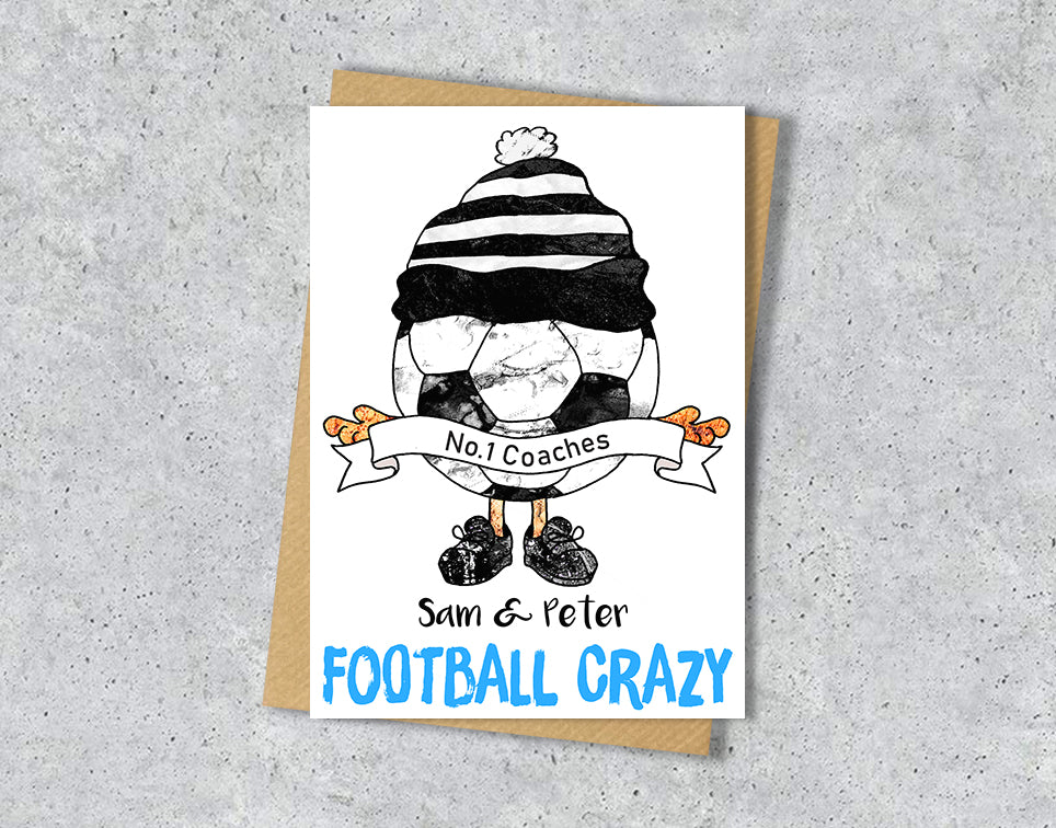 Greeting card with a cartoon character wearing a black and white striped hat, text 'No.1 Coaches Sam & Peter' and 'FOOTBALL CRAZY' 