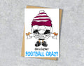Greeting card with a cartoon character wearing a claret and white striped hat, text 'Favourite team Christopher' and 'FOOTBALL CRAZY' 
