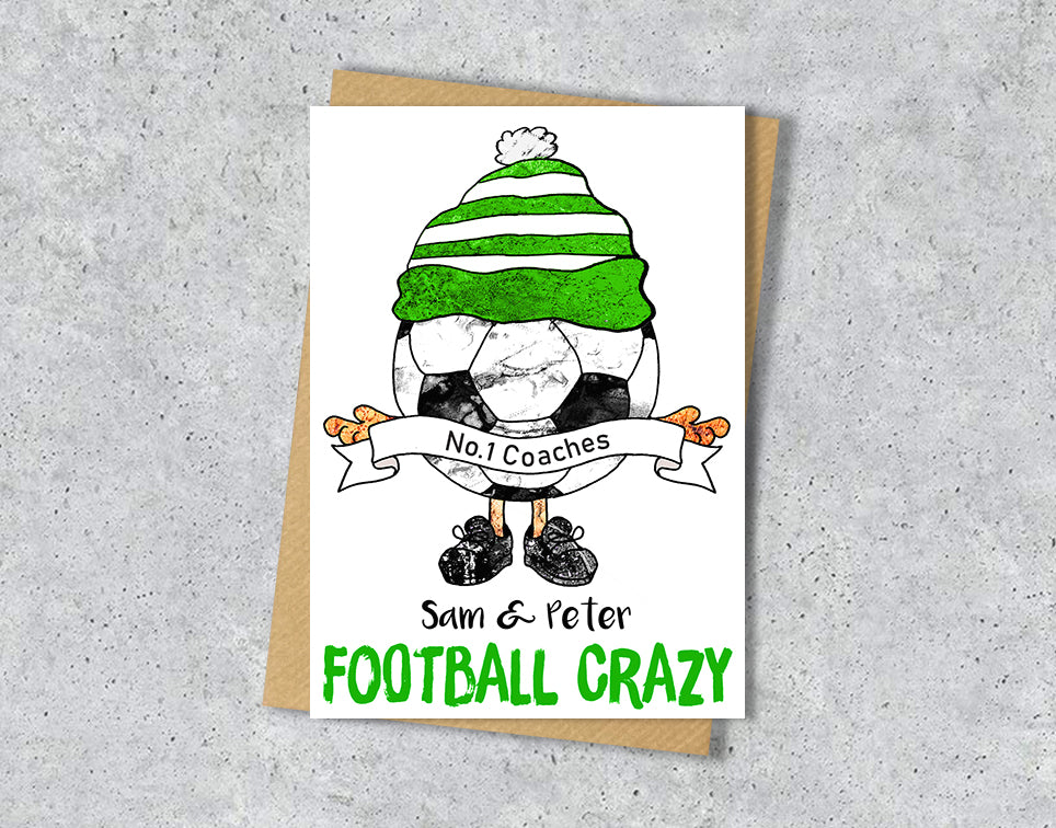 Greeting card with a cartoon character wearing a green and white striped hat, text 'No.1 Coaches Sam & Peter' and 'FOOTBALL CRAZY' 