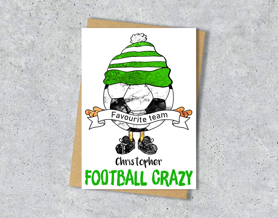 Greeting card with a cartoon character wearing a green and white striped hat, text 'Favourite team Christopher' and 'FOOTBALL CRAZY' 
