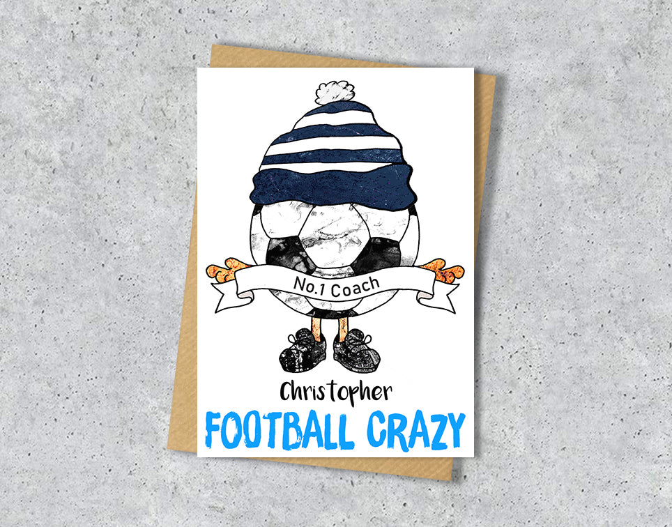 Greeting card with a cartoon character wearing a navy and white striped hat, text 'No.1 Coach Christopher' and 'FOOTBALL CRAZY' 
