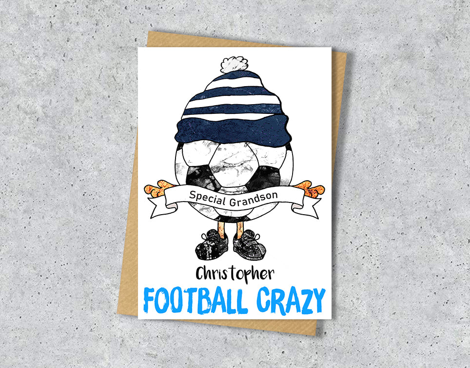 Greeting card with a cartoon character wearing navy and white striped hat, text 'Special Grandson Christopher' and 'FOOTBALL CRAZY' 