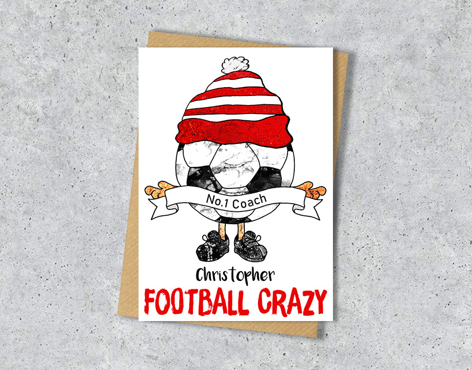 Greeting card with a cartoon character wearing a red and white striped hat, text 'No.1 Coach Christopher' and 'FOOTBALL CRAZY' 