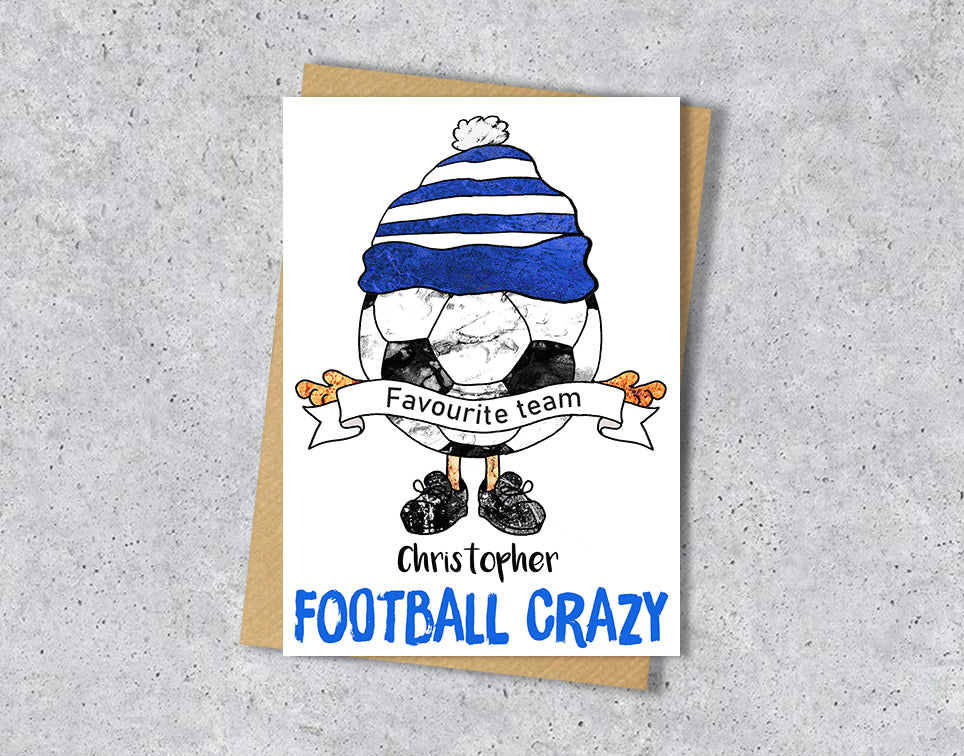 Greeting card with a cartoon character wearing a blue and white striped hat, text 'Favourite team Christopher' and 'FOOTBALL CRAZY' 