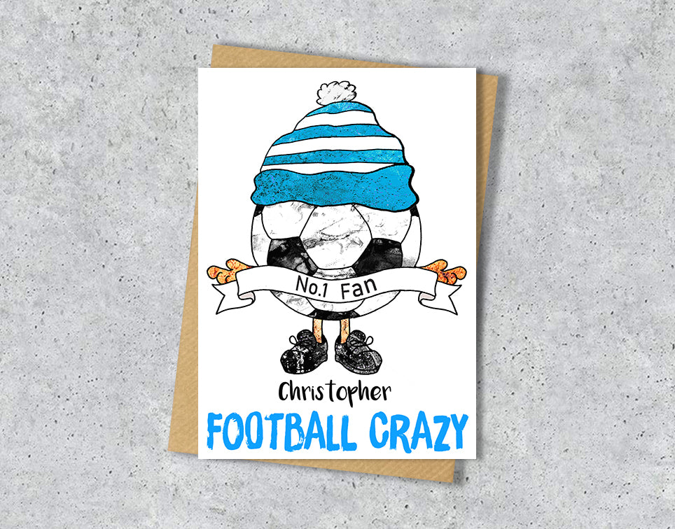 Greeting card with a cartoon character wearing a sky blue and white striped hat, text "No.1 Fan Christopher' and 'FOOTBALL CRAZY' 