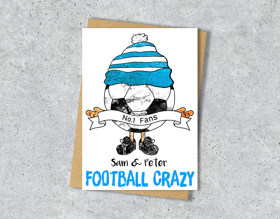 Greeting card with a cartoon character wearing a sky blue and white striped hat, text 'No.1 Fans Sam & Peter' and 'FOOTBALL CRAZY' 