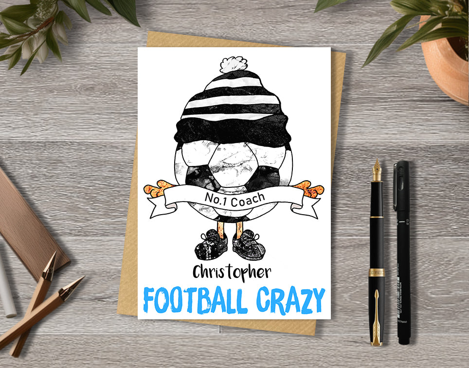 Black and White Football Team Birthday Card, No.1 Coach, No.1 Fan, Personalised A5 Card