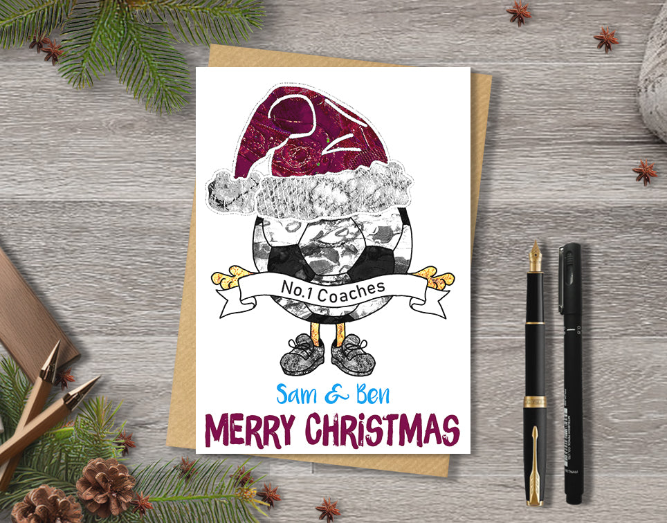 Claret and Blue Football Christmas A5 Card, Team Colours, Personalised Xmas Gift Card