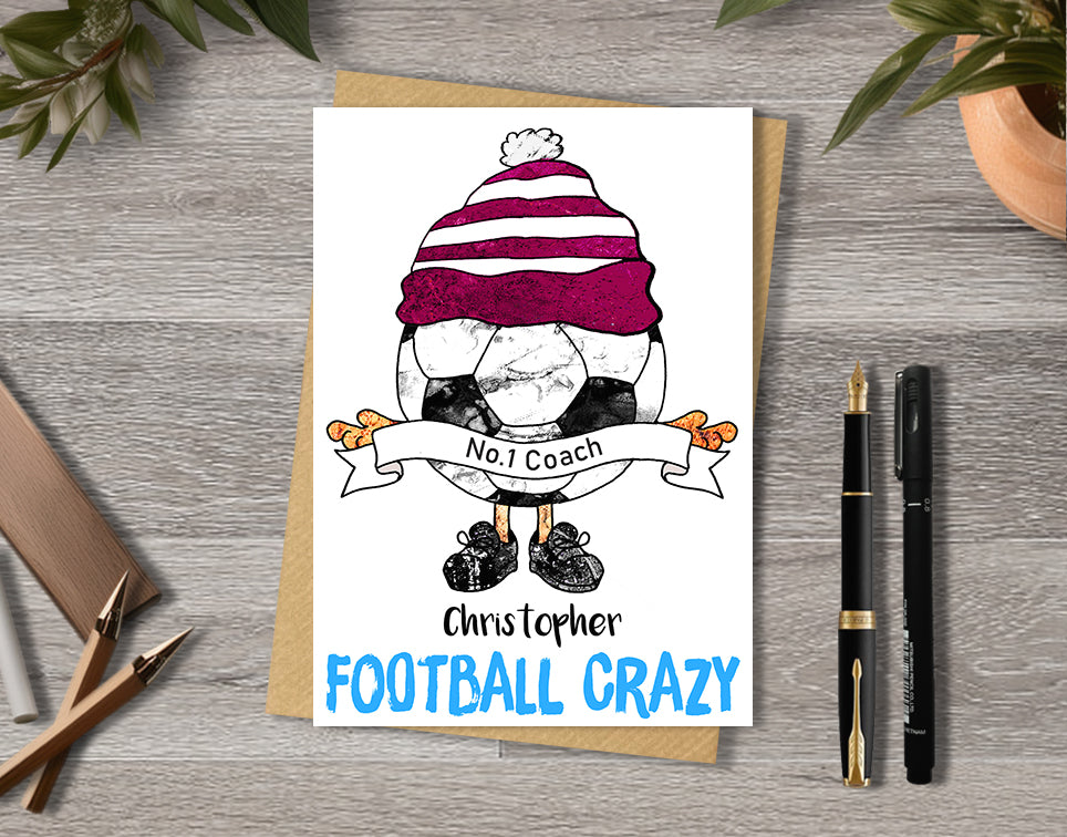 Claret Football Team Birthday Card, No.1 Coach, No.1 Fan, Personalised A5 Card