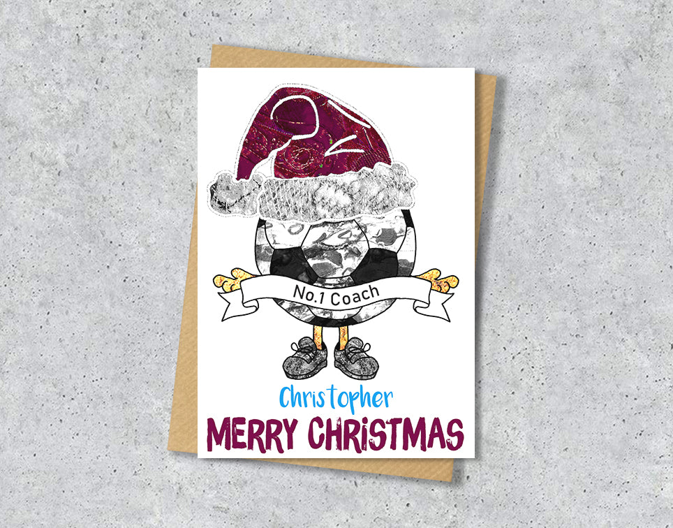 Claret and Blue Football Christmas A5 Card, Team Colours, Personalised Xmas Gift Card