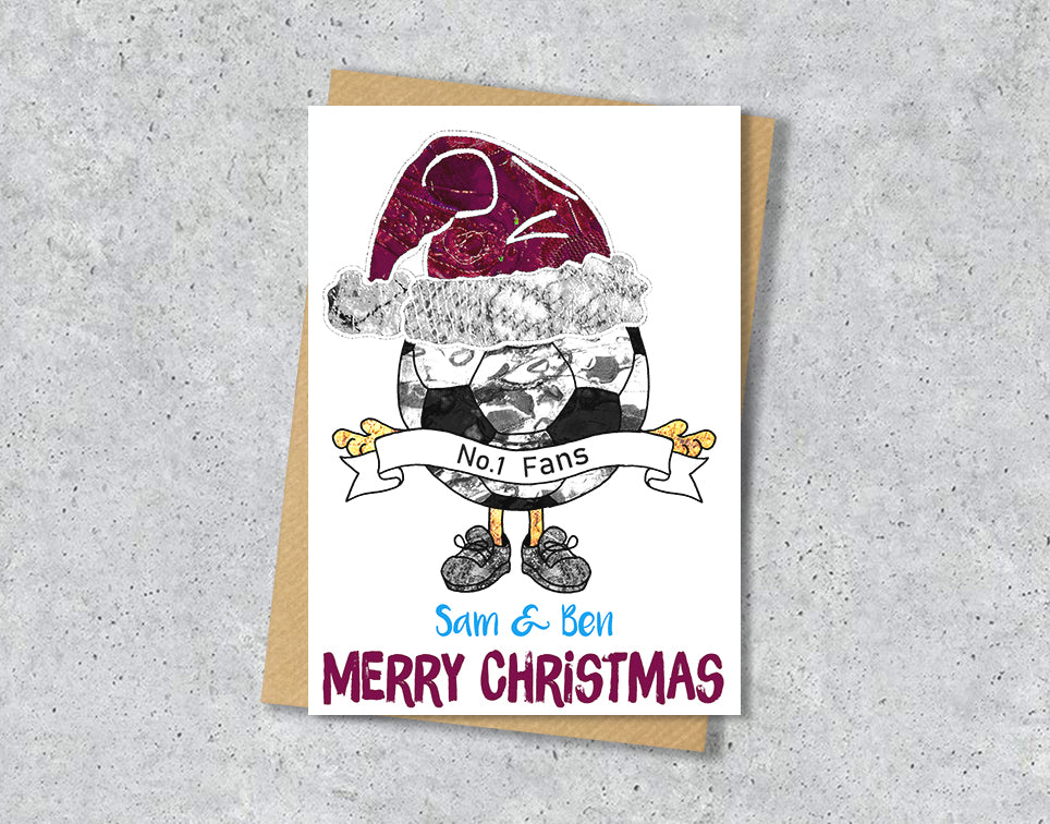 Claret and Blue Football Christmas A5 Card, Team Colours, Personalised Xmas Gift Card