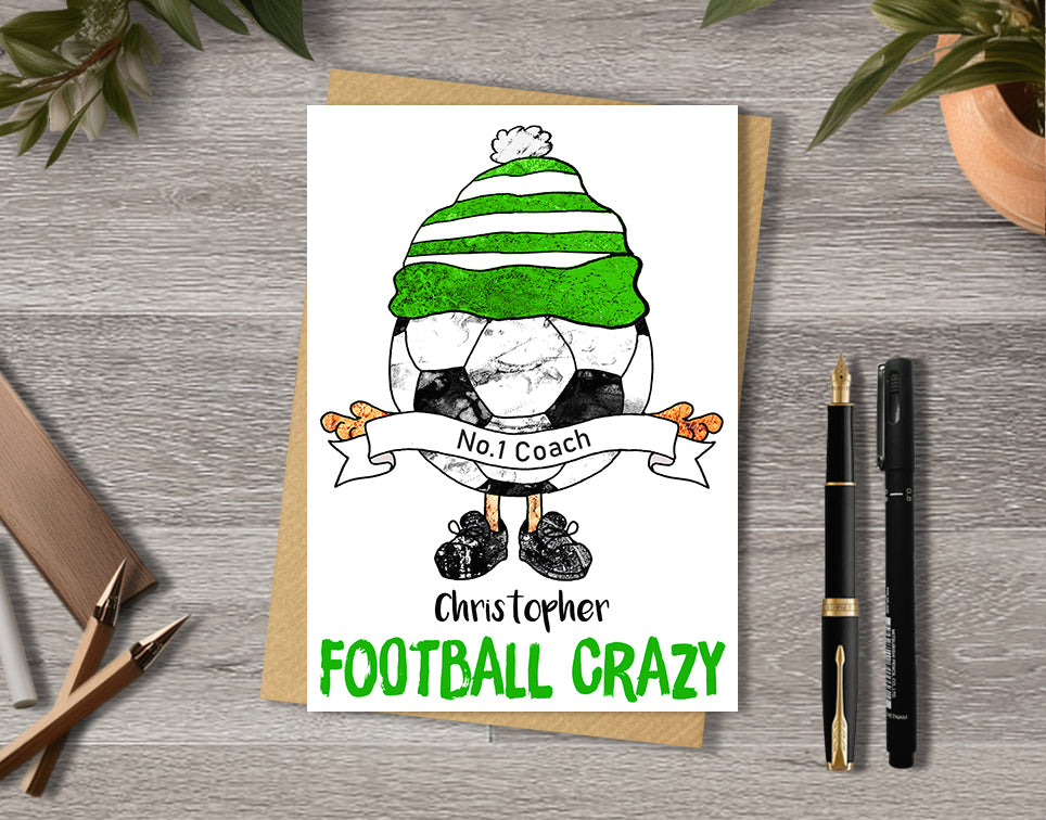 Green and White Football Team Birthday Card, No.1 Coach, No.1 Fan, Personalised A5 Card