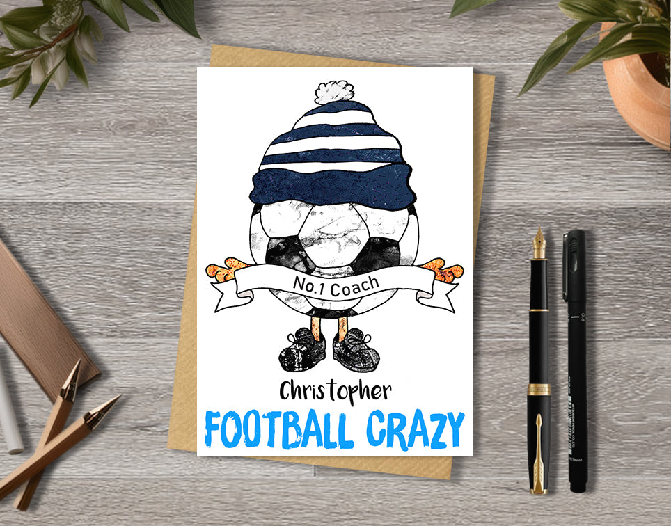 Navy Football Team Birthday Card, No.1 Coach, No.1 Fan, Personalised A5 Card