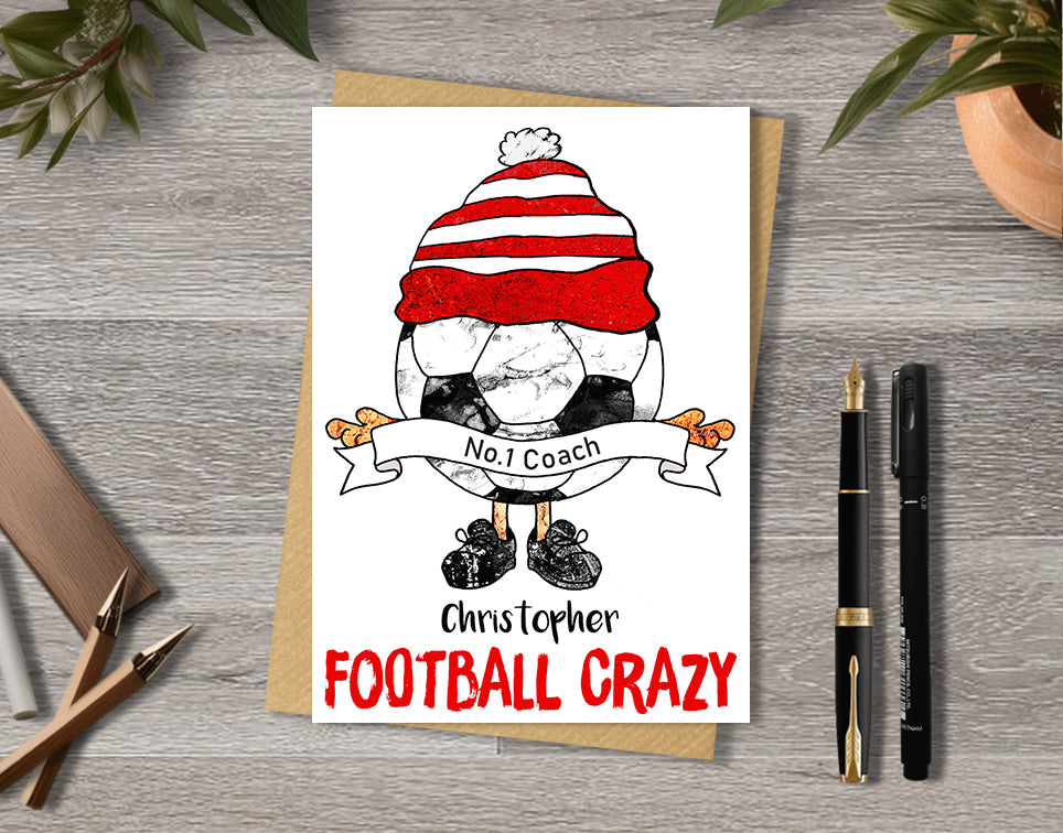 Red and White Football Team Birthday Card, No.1 Coach, No.1 Fan, Personalised A5 Card