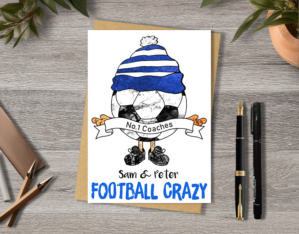 Blue and White Football Team Birthday Card, No.1 Coach, No.1 Fan, Personalised A5 Card