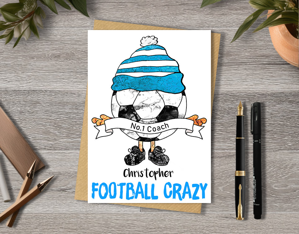 Sky Blue and White Football Team Birthday Card, No.1 Coach, No.1 Fan, Personalised A5 Card