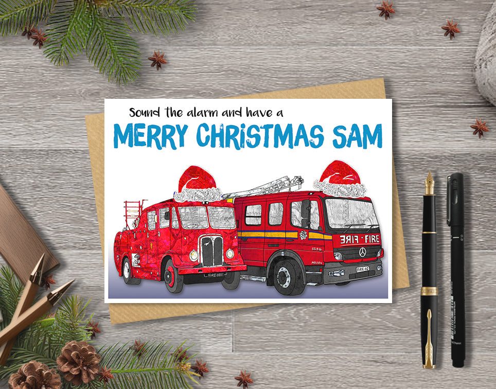 Fire Engine Christmas A5 Card, Personalised Firefighter, Retro Xmas Gift Card