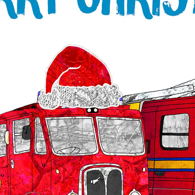 Fire Engine Christmas A5 Card, Personalised Firefighter, Retro Xmas Gift Card