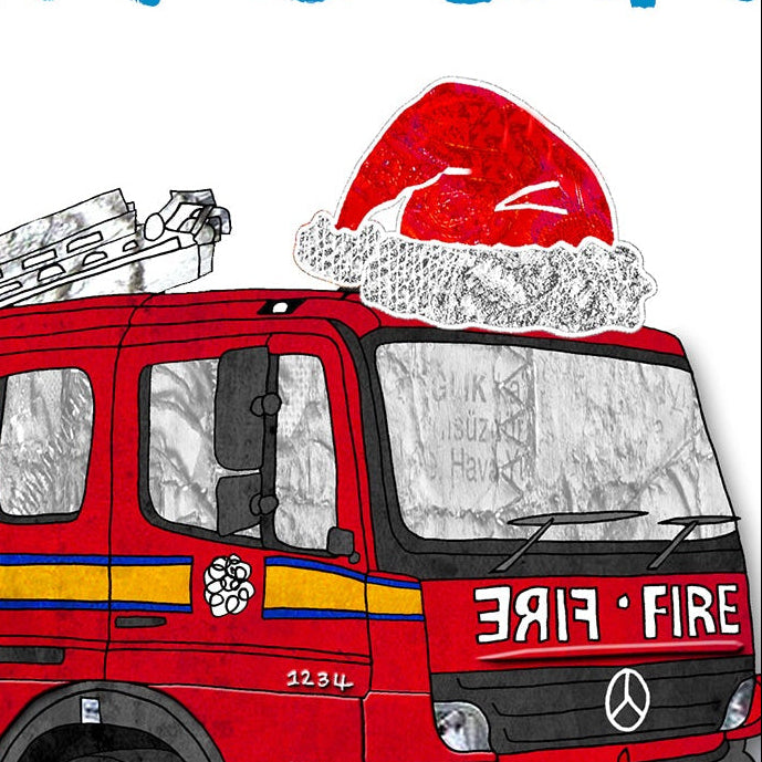 Fire Engine Christmas A5 Card, Personalised Firefighter, Retro Xmas Gift Card