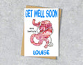 Get well soon card with a gastric band illustration saying "you're band-tastic" with personalised text.
