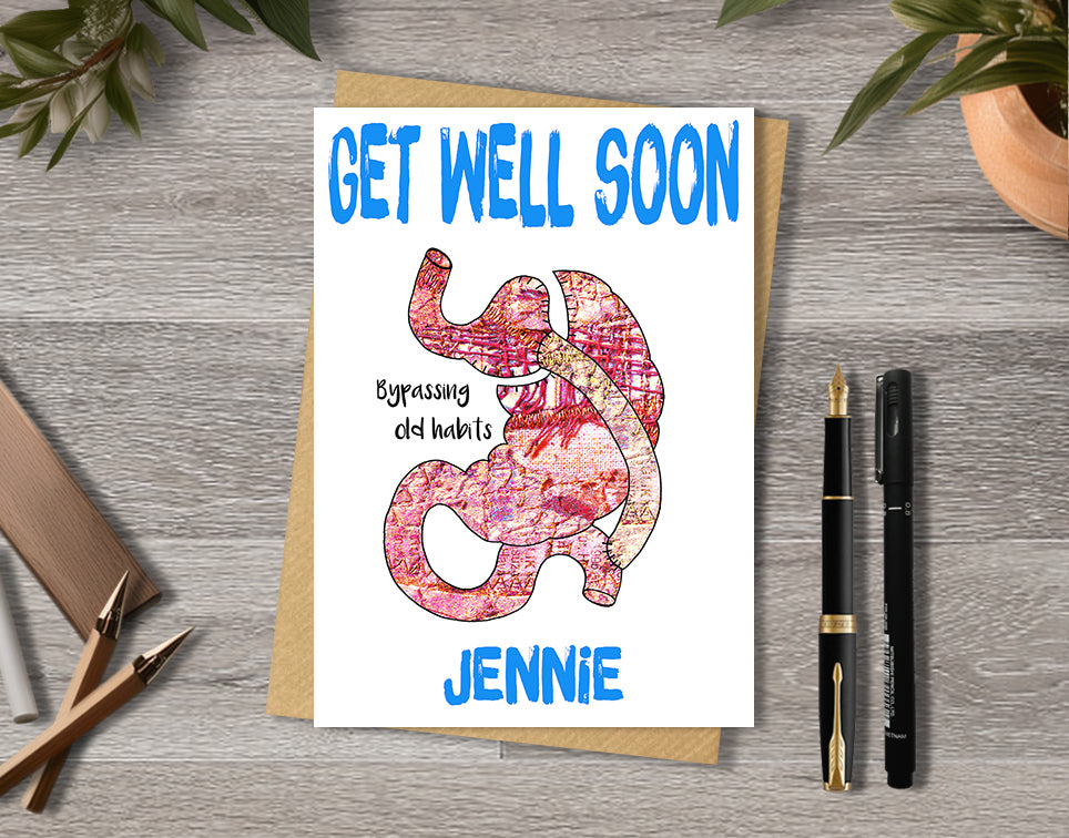 Get well soon card with a gastric bypass illustration saying "bypassing old habits" with personalised text.