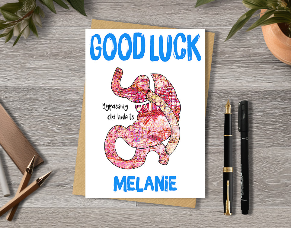 Good luck card with a gastric bypass illustration saying "bypassing old habits" with personalised text.