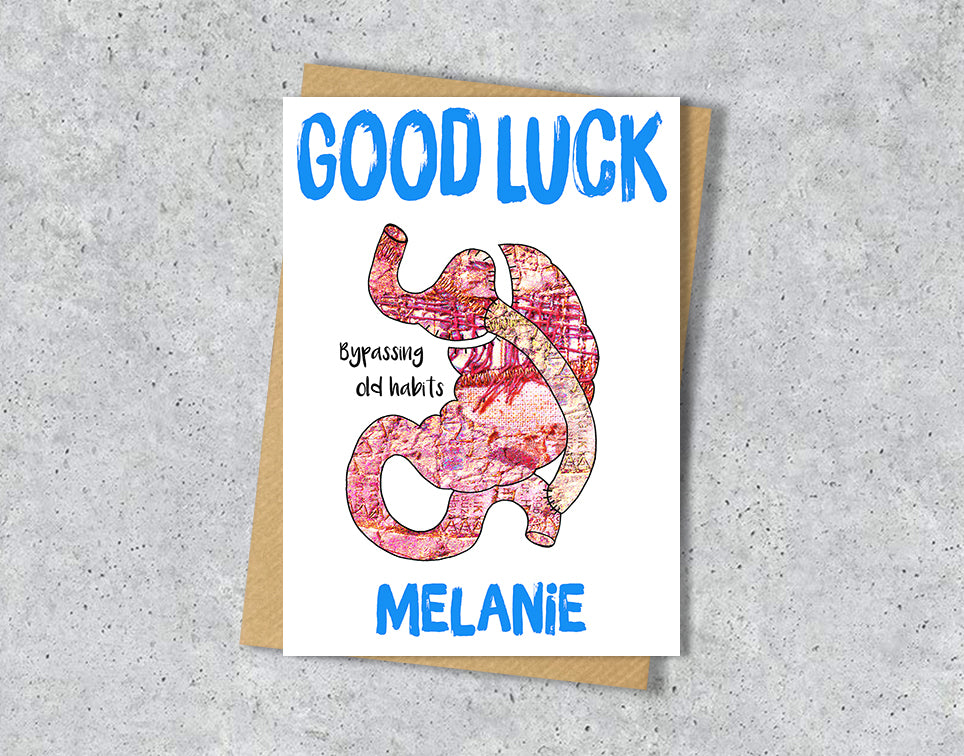 Good luck card with a gastric bypass illustration saying "bypassing old habits" with personalised text.