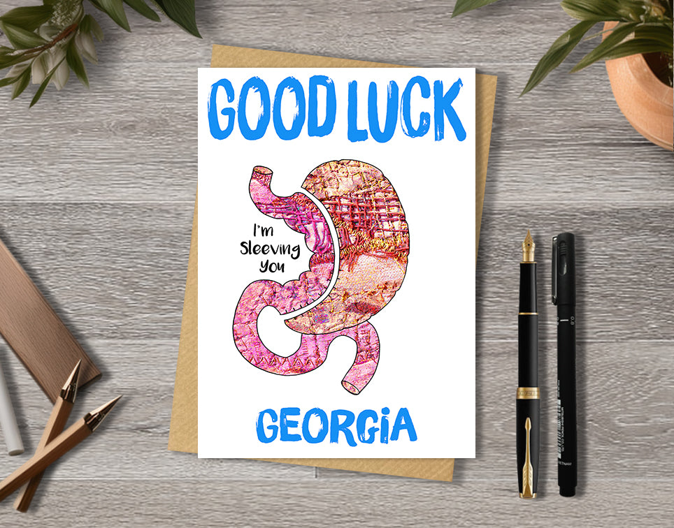 Good luck card with a gastric sleeve illustration saying "I'm sleeving you" with personalised text.