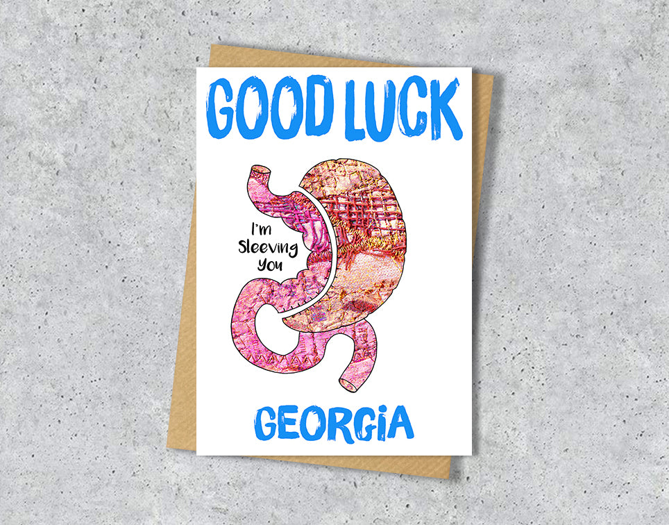 Good luck card with a gastric sleeve illustration saying "I'm sleeving you" with personalised text.