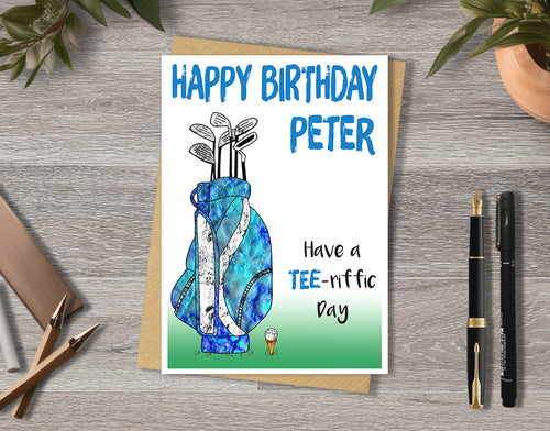 Birthday card with a golf caddy illustration and 'Have a tee-riffic day' with personalised text.
