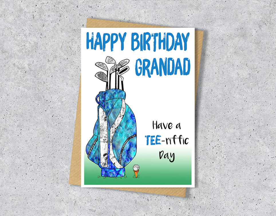 Birthday card with a golf caddy illustration and 'Have a tee-riffic day' with personalised text.