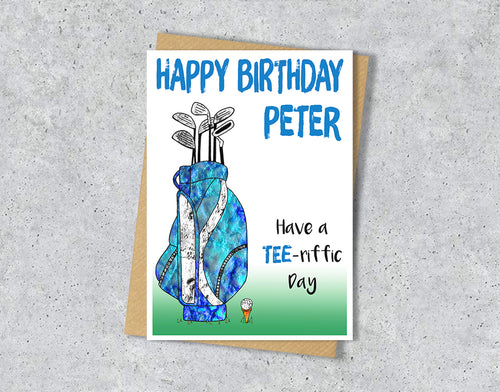 Birthday card with a golf caddy illustration and 'Have a tee-riffic day' with personalised text.