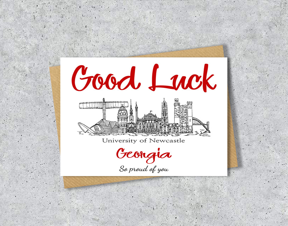 Greeting card with University of Newcastle textile illustration and 'Gook Luck' with personalised text.
