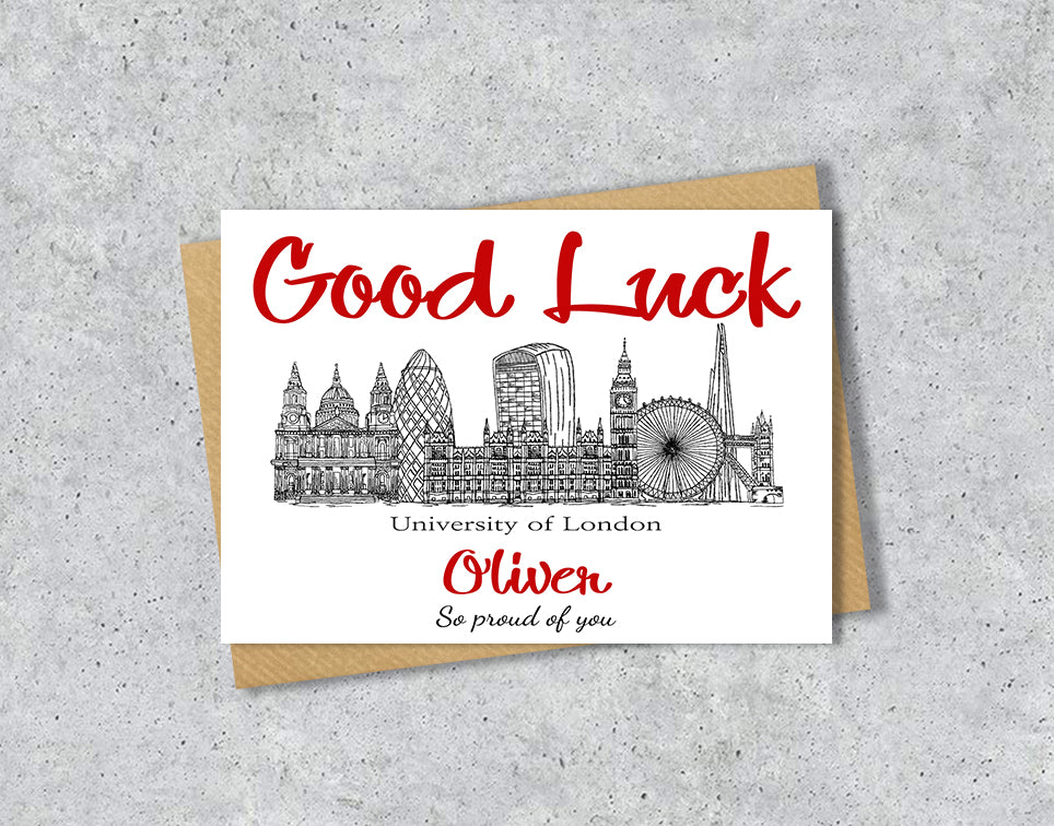 Greeting card with University of London textile illustration and 'Gook Luck' with personalised text.