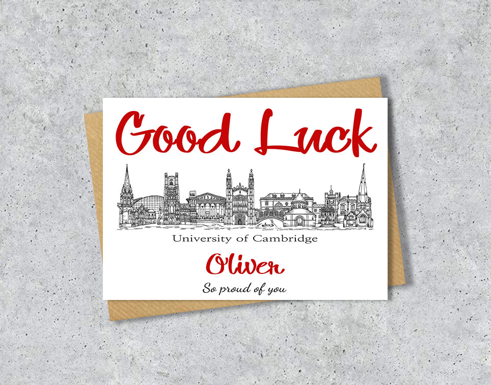 Greeting card with University of Cambridge textile illustration and 'Gook Luck' with personalised text.