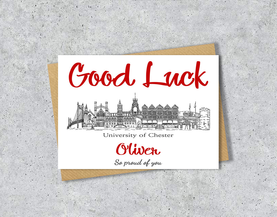 Greeting card with University of Chester textile illustration and 'Gook Luck' with personalised text.